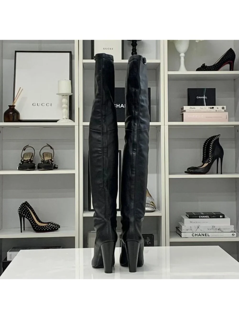 Hermes Leather Knee High Boots Long Black